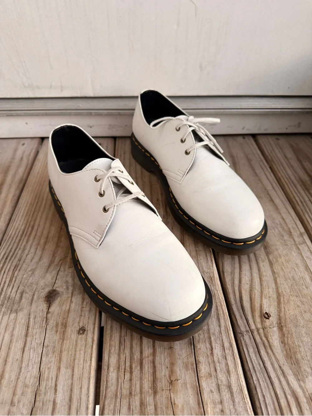 Dr. Martens White Leather 3-Eye Derby with Yellow Welt Stitching